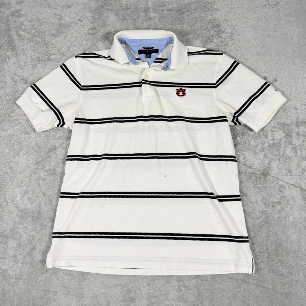 Tommy Hilfiger Mens Medium Polo Shirt Auburn Tigers Striped White Navy Blue Y2K
